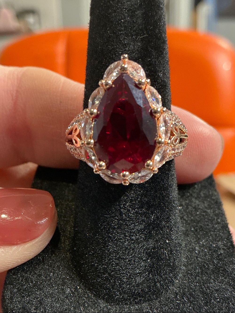 925 Rose Gold Ruby Red Teardrop Cocktail Ring